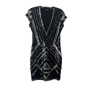 Express Sequin Sheath Dress Small Deep V Stretch Black & Silver Cocktail Evening